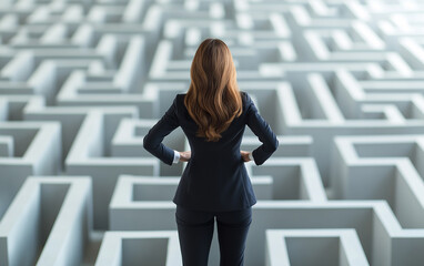 business woman in labyrinth, maze, puzzle, business, success, lost, labyrinth, solution, concept, search, strategy, path, way, confusion, problem, exit, challenge, game, illustration, idea, find
