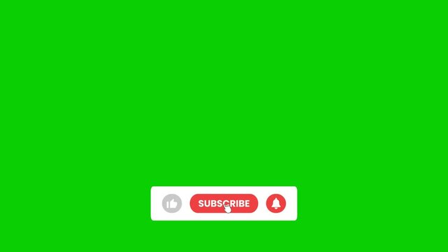 SUBSCRIBE POP UP BUTTON ON GREEN SCREEN. Pop up youtube like subscribe and bell icon cursor animation button clicked, call to action animating Motion graphic with alpha channel background. - Powered by Adobe