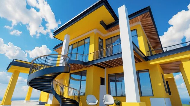 Stunning contemporary yellow home featuring steel and wooden details, along with white columns.
