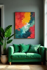 Grey walls, abstract art, green velvet seating, tropical plant , sofa, pouf