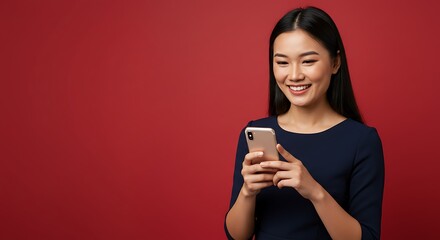 Naklejka premium Happy Woman Using Smartphone, Red Background AI Generated