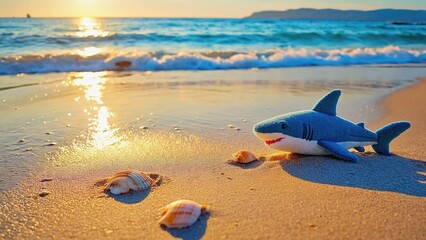 Obraz premium A playful stuffed shark sits on the sand, ideal for a child's playroom or a coastal-themed decoration