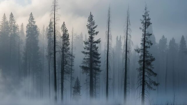 Backlit, charred lodgepole pine tree woodland featuring tiny, needle-like ice crystals known as diamond dust, created from atmospheric moisture during extremely still and frigid conditions.