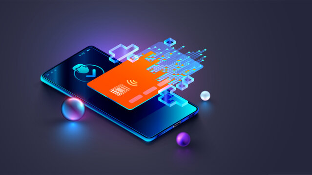Virtual banking card. Isometric mobile phone, internet banking app, card. Online payment security transaction via credit card. Shopping wireless pay smartphone. Internet digital bank technology.