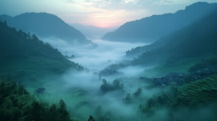 Misty mountain valley at sunrise, houses and trees peeking through fog