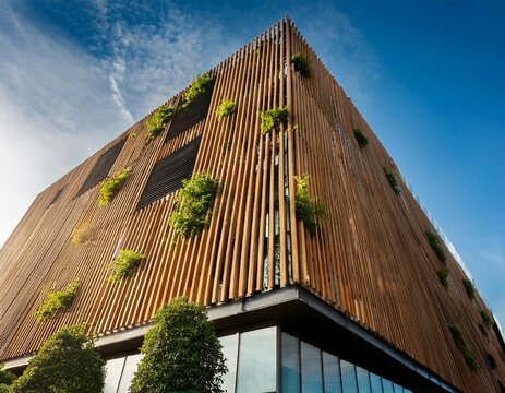 sustainable office building with exterior vertical wood louvers for sun control