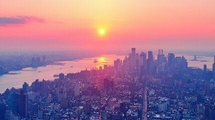 Fototapeta premium Manhattan Sunset: A Pink Hue Over the Cityscape