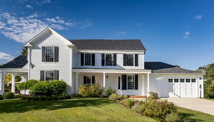 modern farmhouse with elegant black bahama shutters contrasting beautifully with white siding