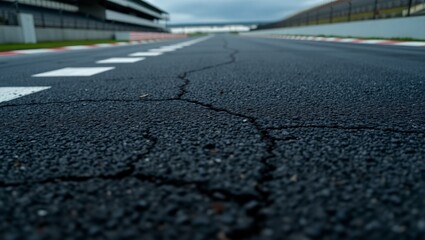Close-up perspective of race track asphalt road with starting and finishing grid pattern. Black and white checkered racing circuit with rough road texture for motorsport event background