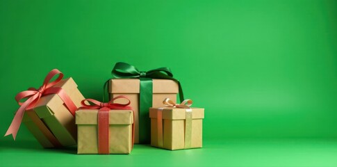 Rustic kraft gift boxes, vibrant green background, organic, present