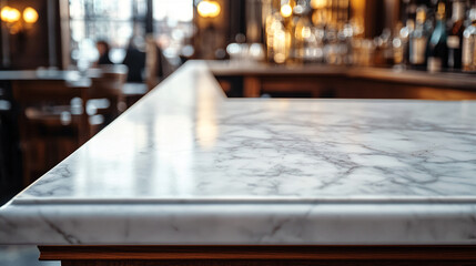 Close-up of white marble surface, showcasing smooth texture and veining, ideal for product display or showcasing branding in a cafe setting