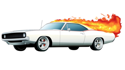 White hotrod car with flames, speed, power, and automotive passion unleashed on the open road