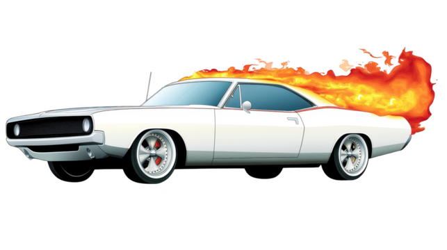 White hotrod car with flames, speed, power, and automotive passion unleashed on the open road
