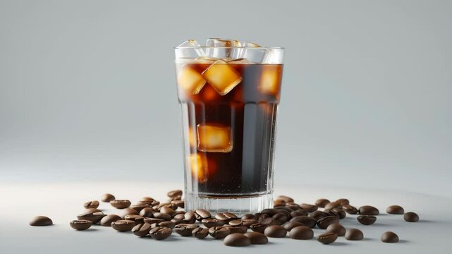 Americano iced coffee and coffee beans scattered around the glass featuring isolated videos.