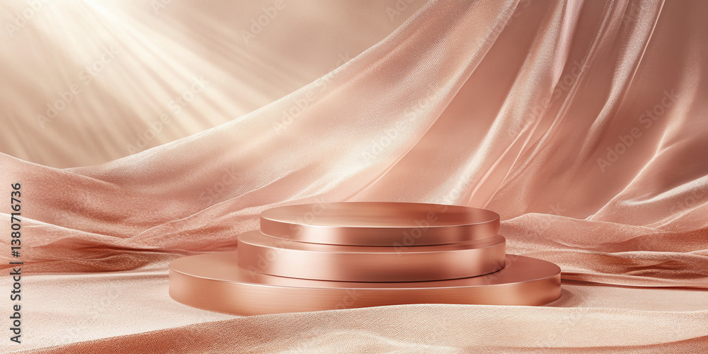 Poster rose gold podium on draped fabric background, creating elegant product showcase suitable for luxury 