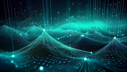 an abstract depiction of data connections where each dot represents a node in vibrant teal