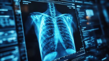 Digital x-ray of human chest highlighting lungs and ribcage in medical imaging display