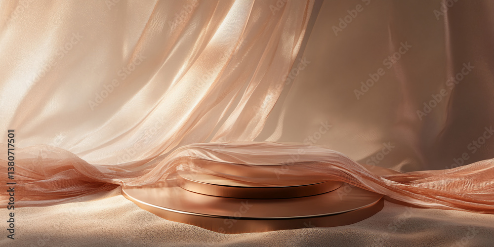 Poster peach-colored sheer fabric drapes over a double gold podium, creating a soft, elegant display, ideal