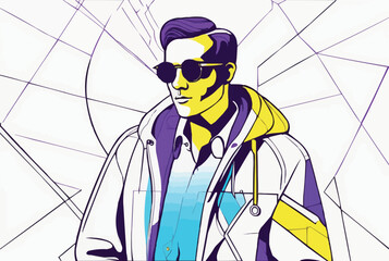 Man showing something thinking presenting concepts vector illustration line art