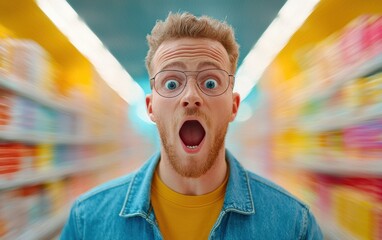 Surprised man with glasses in grocery store aisle on a colorful background