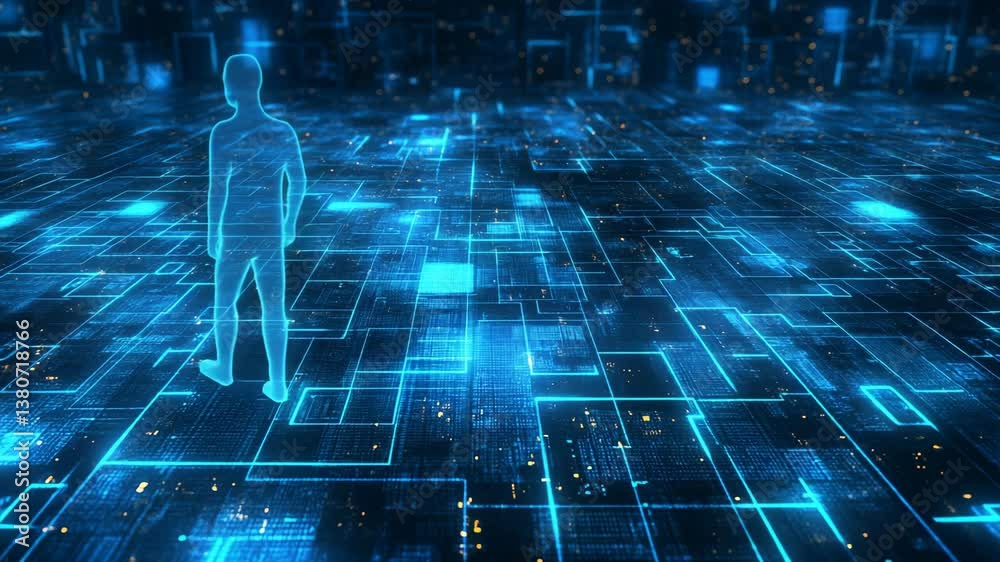 Poster exploring a digital background with neon grid patterns and lights generative ai