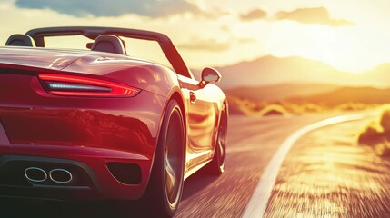 A vibrant red convertible speeds along a desert highway with a stunning sunset backdrop.