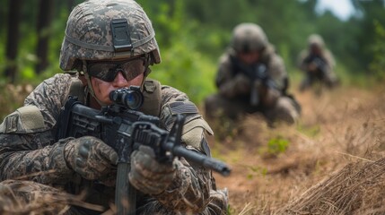 Fototapeta premium Soldiers learning tactical movement in urban warfare training, navigating through simulated warzones,