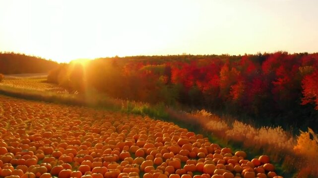 Pumpkin Patch at Sunset golden-hour light, surrounded by autumn foliage and softly swaying tall grasses.