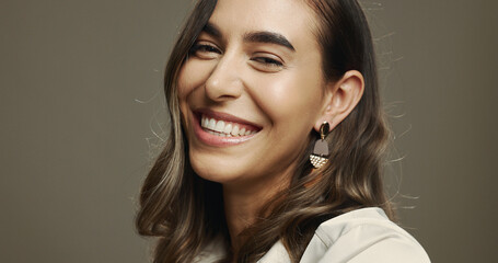 Portrait, smile and woman with makeup, studio and self expression with cosmetics, model and beauty....