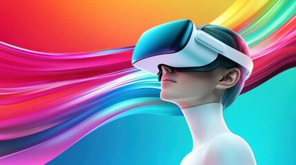 A person wearing a VR headset with a vibrant, flowing background, showcasing innovation and technology.