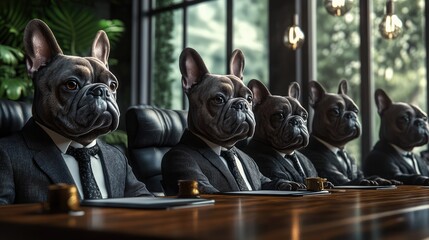 Four bulldogs dressed in business suits sitting around a conference table with notebooks and a small jar