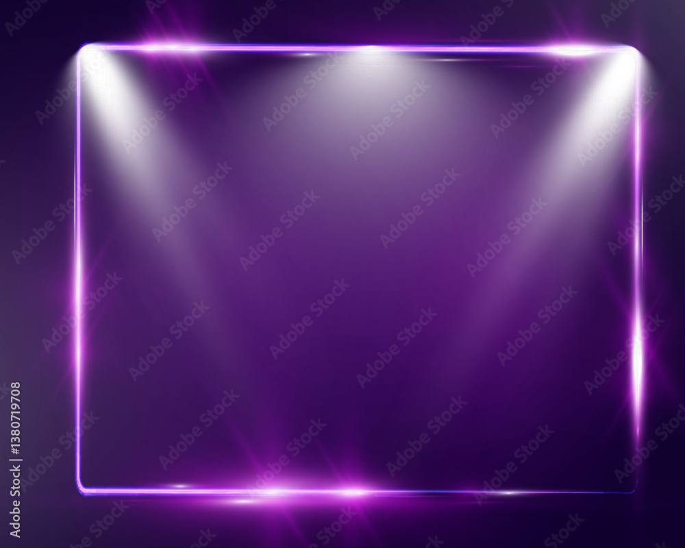Aufkleber purple neon glowing rectangular frame with rounded corners, sparkles, and lens flares, placed on a t