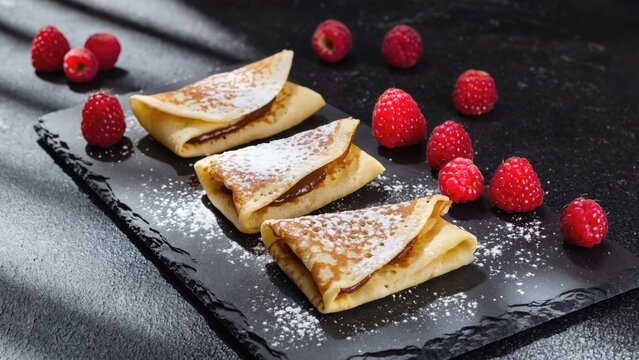 Sweet breakfast treats with a stack of fluffy pancakes, covered in powdered sugar and fresh raspberries