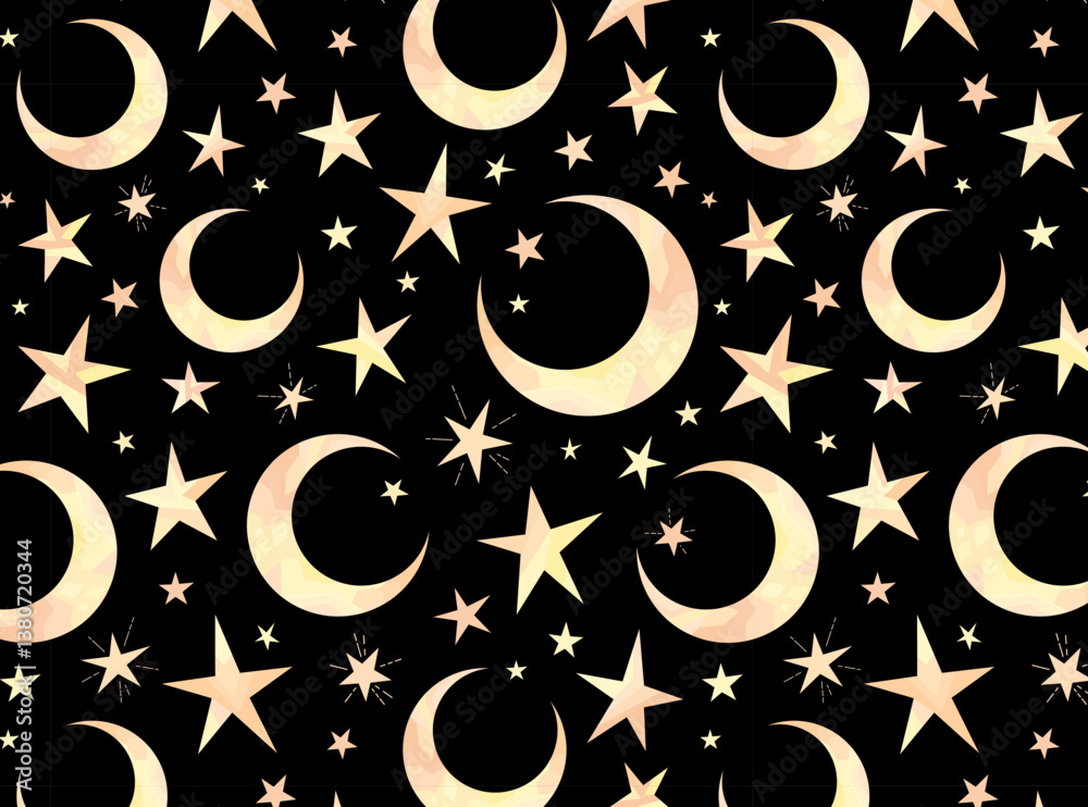 Canvas Prints golden moons and stars on black background. seamless pattern