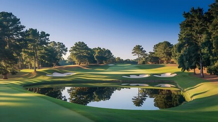 Stunning Golf Course Landscape with Lush Green Grass, Scenic Trees, Sparkling Pond, and Smooth Sand Bunkers, Creating a Serene and Picturesque Golfing Environment