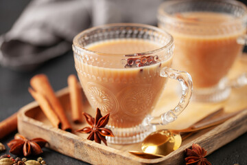 Traditional middle eastern beverage, indian drink masala or arabian karak chai with spices