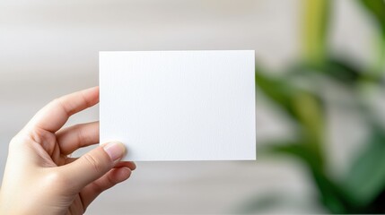 Obraz premium A hand holds a blank white card against a blurred background of greenery, suggesting a clean slate or a space for creativity.