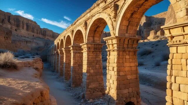 An old bridge spanning a seasonal stream in a deserted village symbolizing climate change and drought.