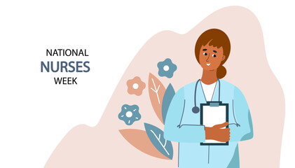 National Nurse Week banner.   woman, expressing gratitude and honor nurses for the greeting card, conveying the importance and dedication of healthcare. vector illustration
