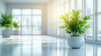 Fototapeta premium A vibrant green plant in a white pot is illuminated by soft sunlight next to a large window.