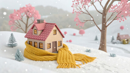 Cozy miniature house wrapped in a warm scarf. A miniature house sits surrounded by soft snow and pink trees, warmly wrapped in a cozy yellow scarf against the winter chill.