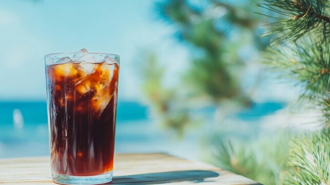 Refreshing iced coffee in a glass on a wooden table at a summer beach, surrounded by pine trees and a clear blue sky. A perfect tropical getaway drink.