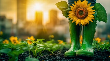 A vibrant sunflower held close to the person in the field as the sun glows in the background.