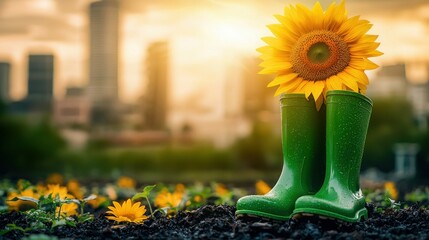 A sunny sunflower in green rain boots stands tall against a city skyline backdrop.