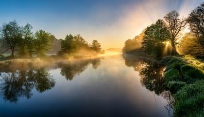 misty river at dawn sunlight through trees reflective water