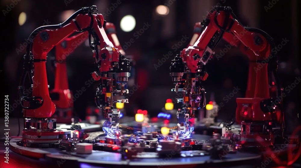Poster advanced assembly line with synchronized robotic arms working in unison.
