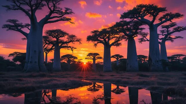 Stunning Baobab trees during sunset along the avenue of the Baobabs.
