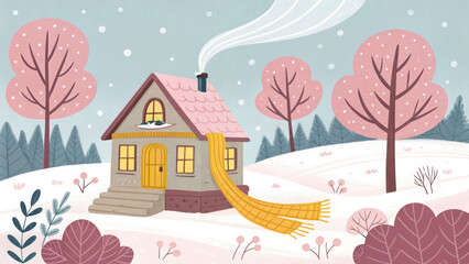 "Winter scene featuring a tiny house enveloped in a warm yellow scarf, surrounded by pink trees and soft snow, offering a cozy, magical vibe."