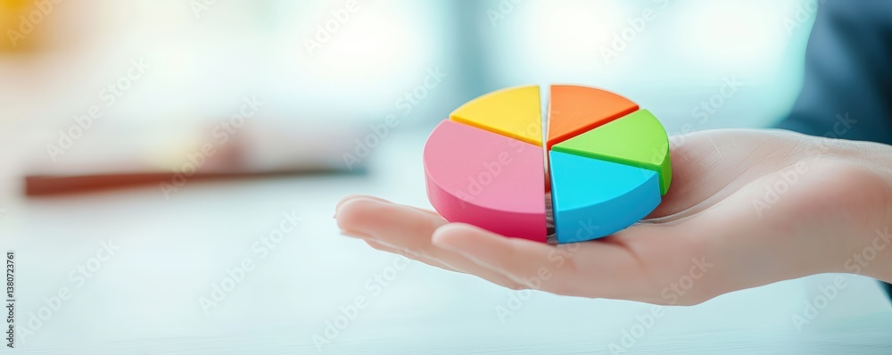 Poster a colorful pie chart held in a hand, symbolizing data representation and analysis in a modern worksp