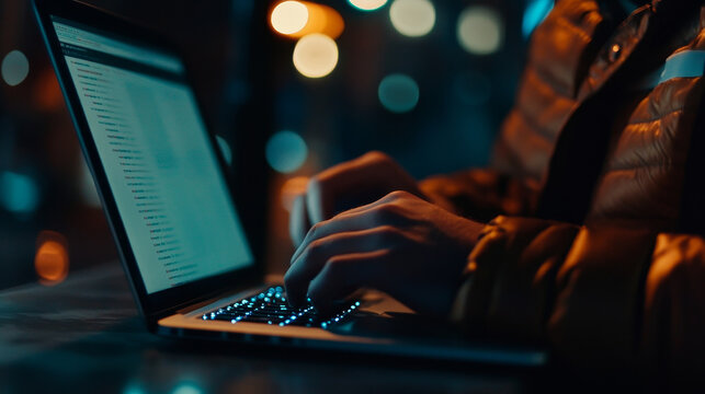 Web or application development, business and technology concept. Programmer, man software developer hands coding HTML, programming Javascript on laptop computer screen, back view close up